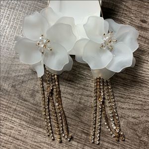 Long white Floral Tassel Rhinestone Earrings